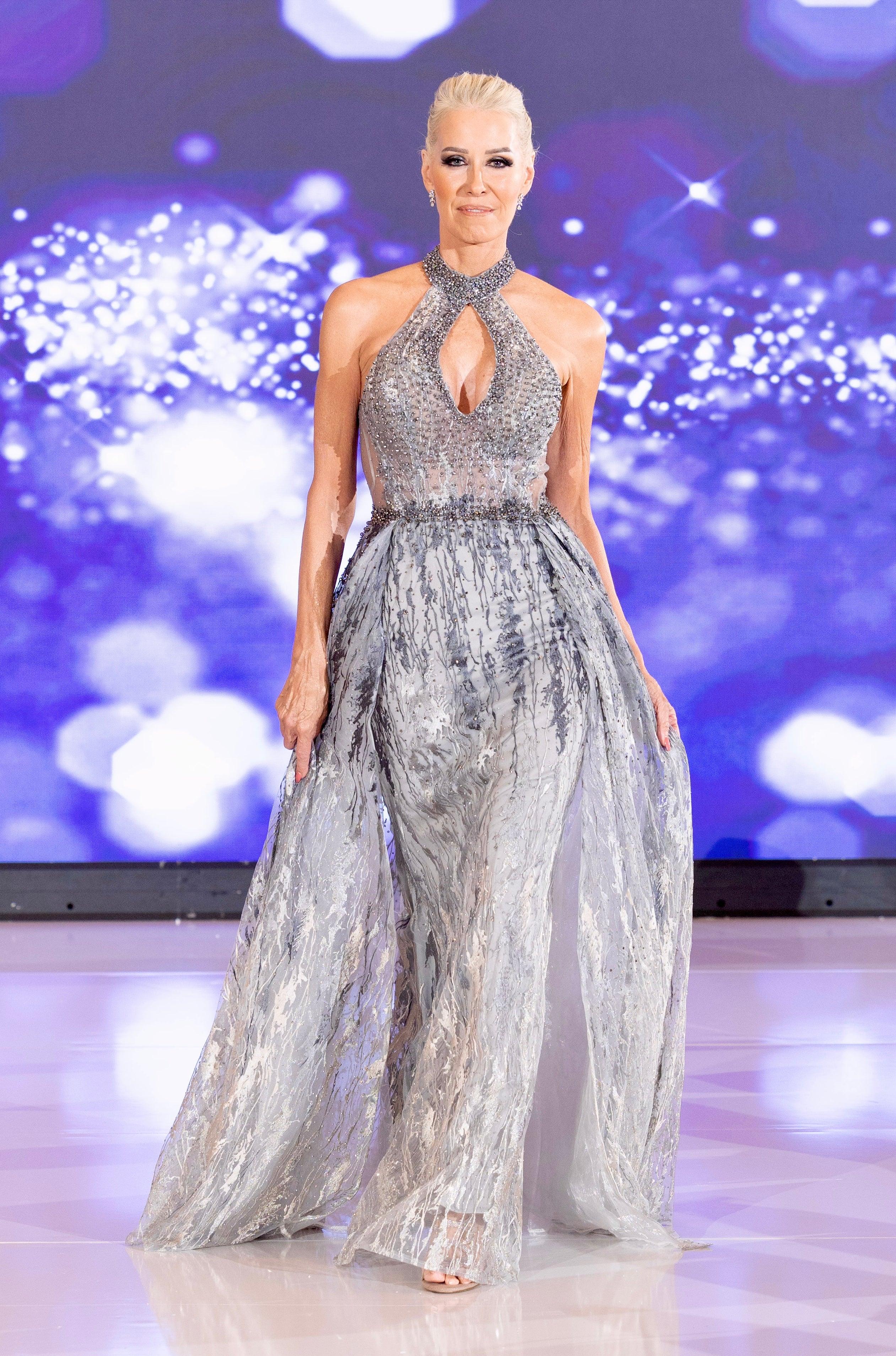 Silver Halter Neck Evening Dress with Train Overlay