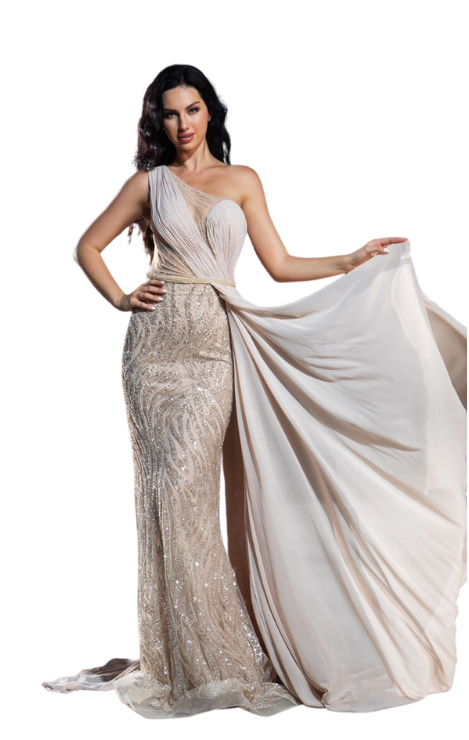 Beige One-Shoulder Gown with Side Overlay