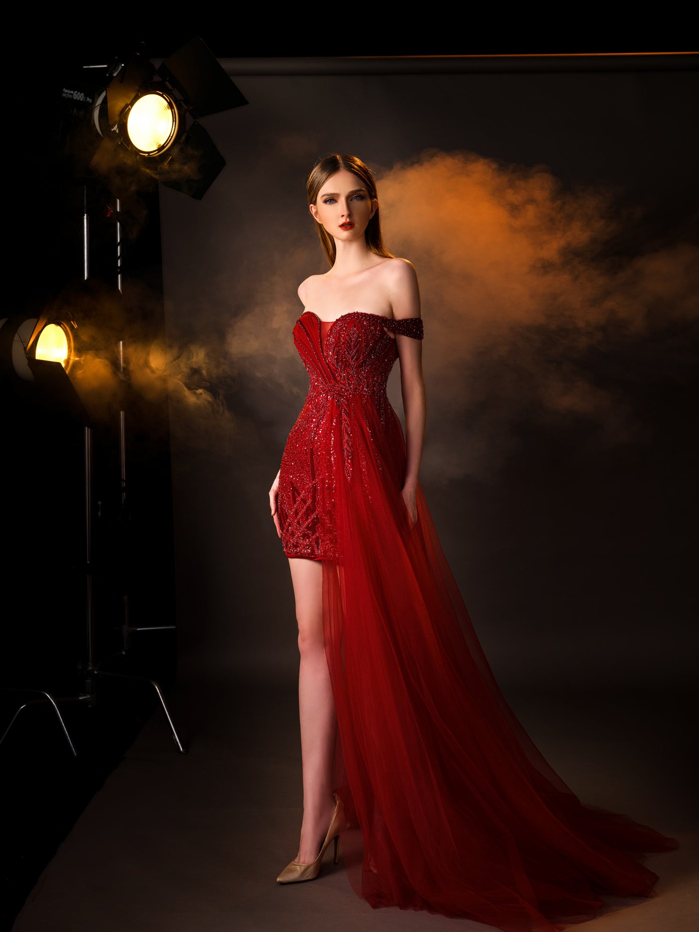 Red Off-Shoulder Gown with Side Overlay