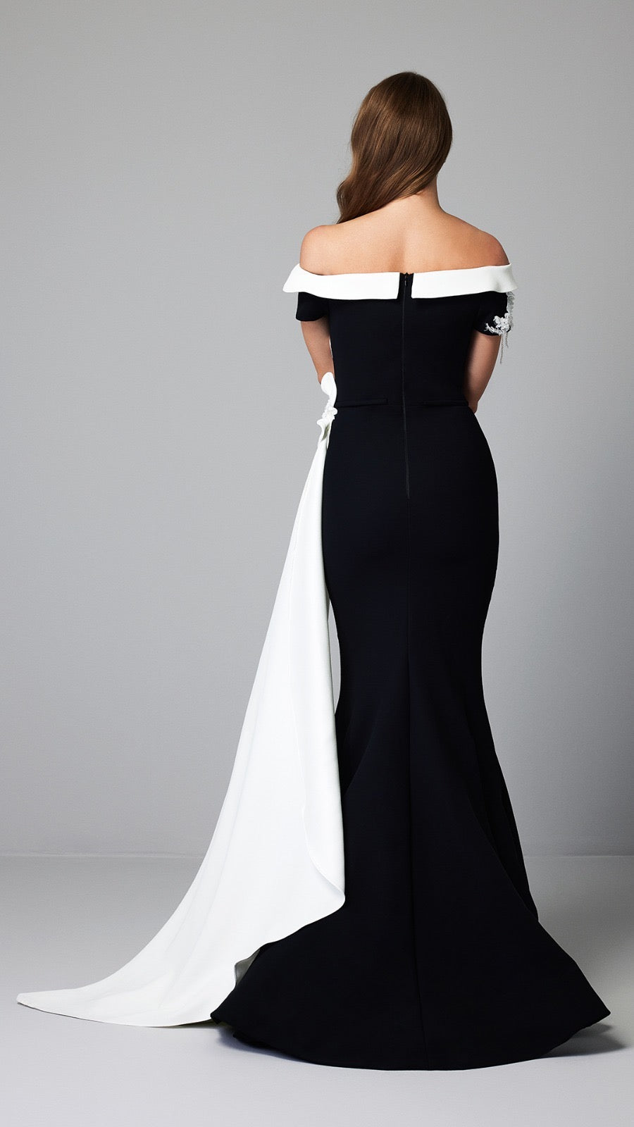 Black and White Off-Shoulder Evening Gown