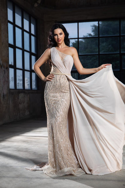 Beige One-Shoulder Gown with Side Overlay