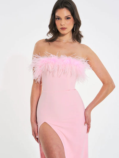 Pink Feather Maxi High Slit Dress