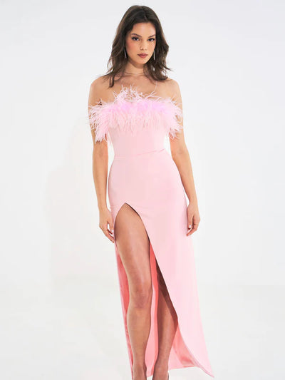 Pink Feather Maxi High Slit Dress