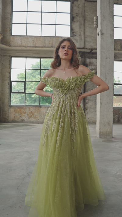Green Off-Shoulder Elegant Gown