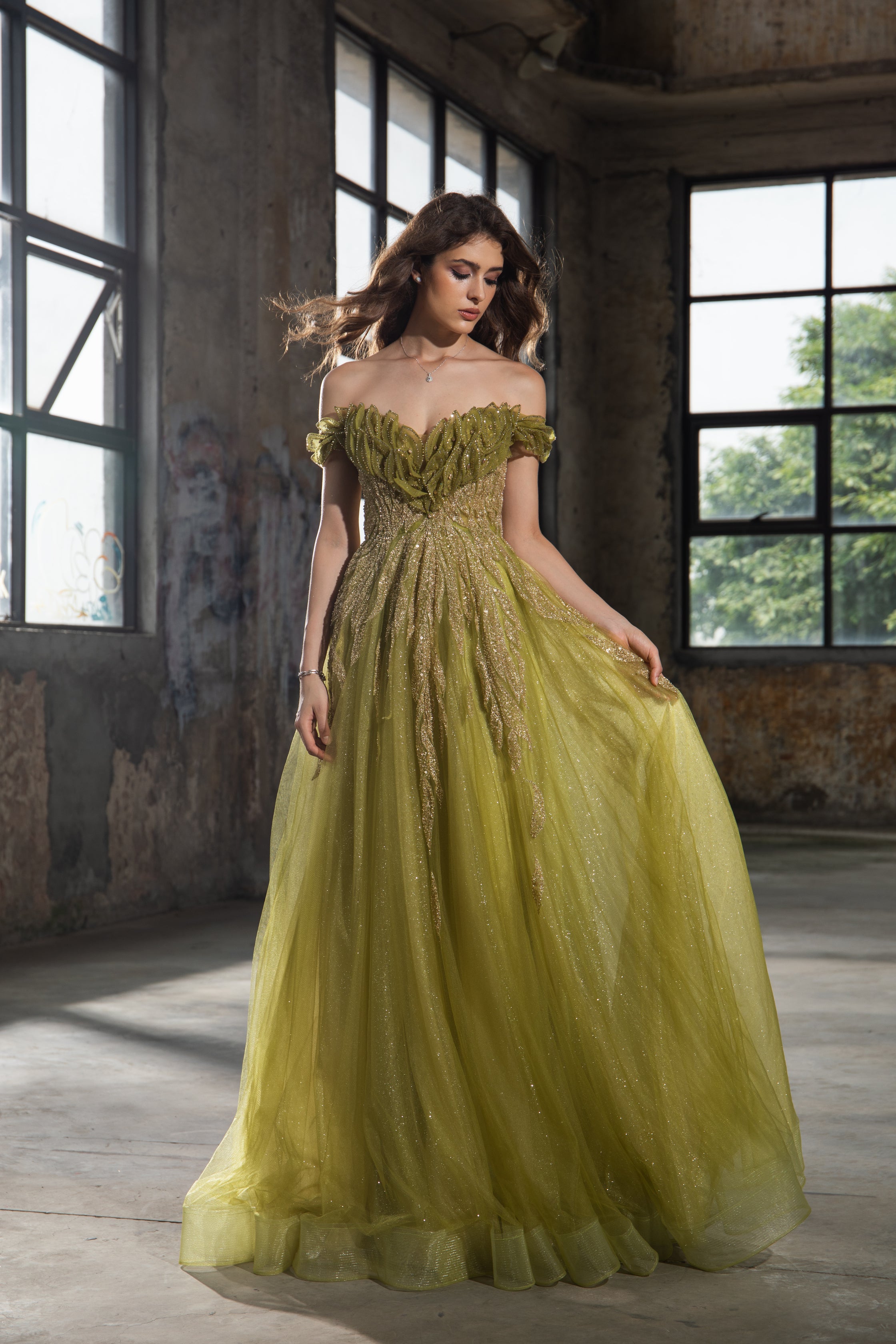 Green Off-Shoulder Tulle Gown