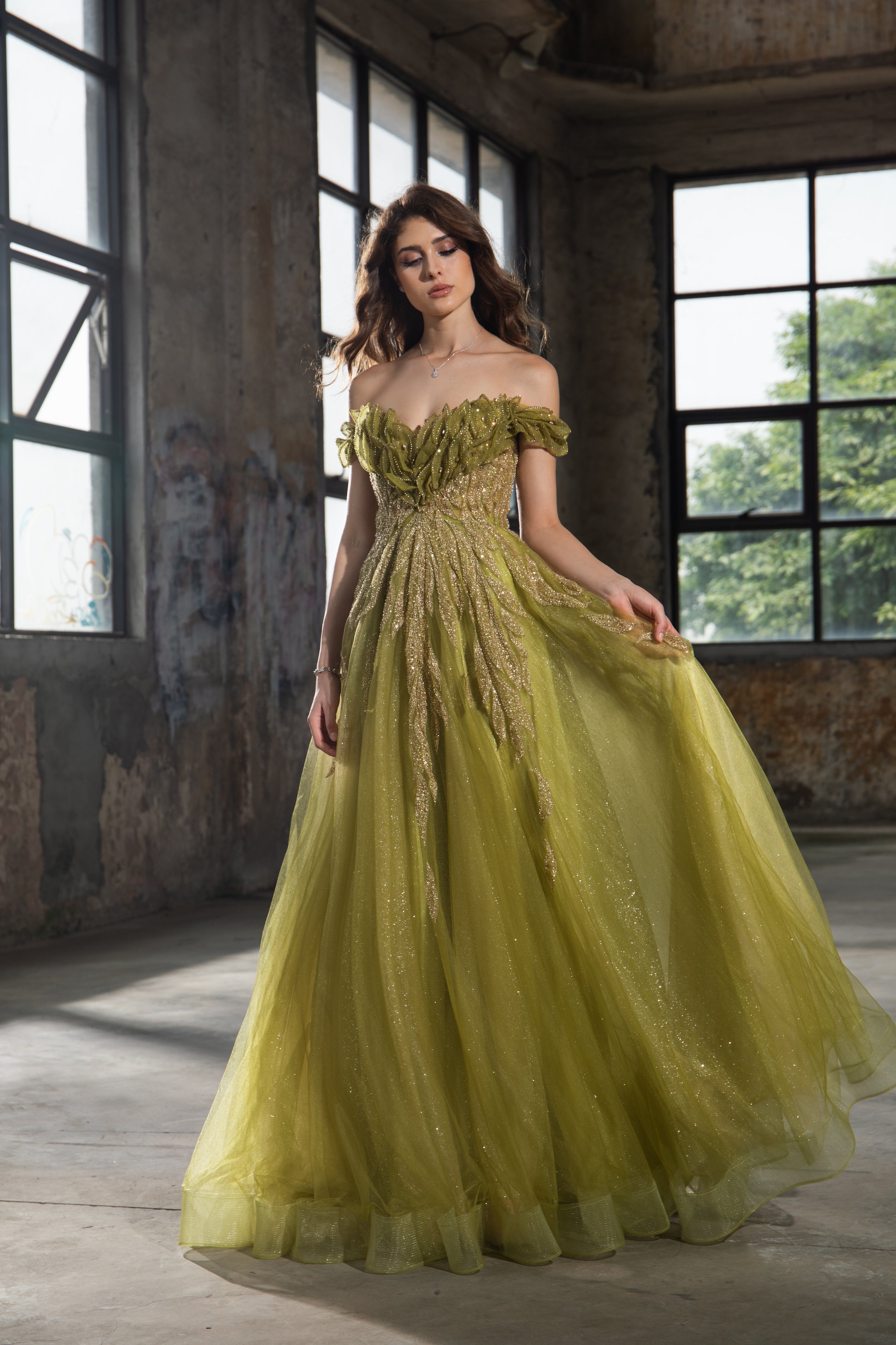 Green Off-Shoulder Tulle Gown