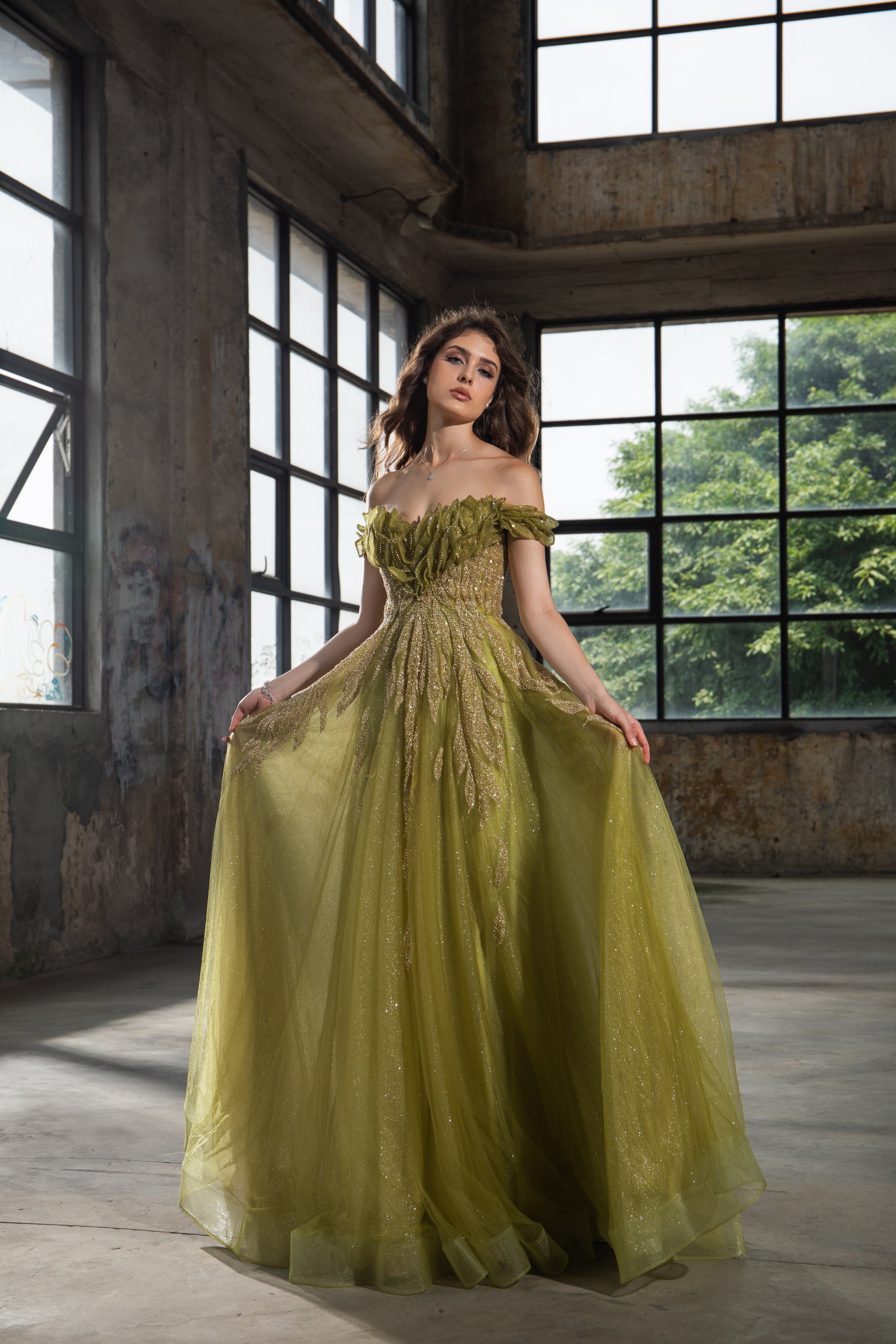 Green Off-Shoulder Tulle Gown