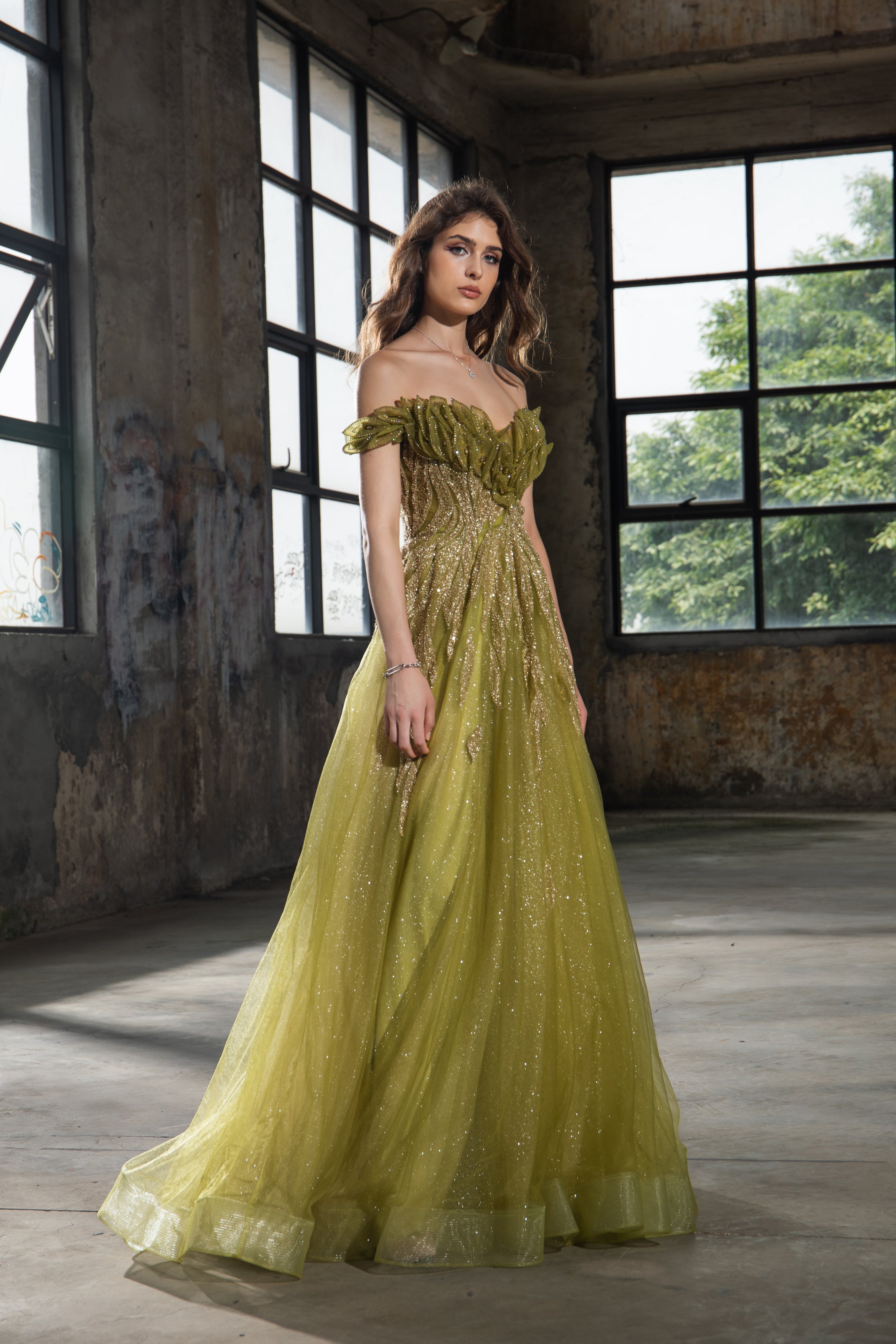 Green Off-Shoulder Tulle Gown