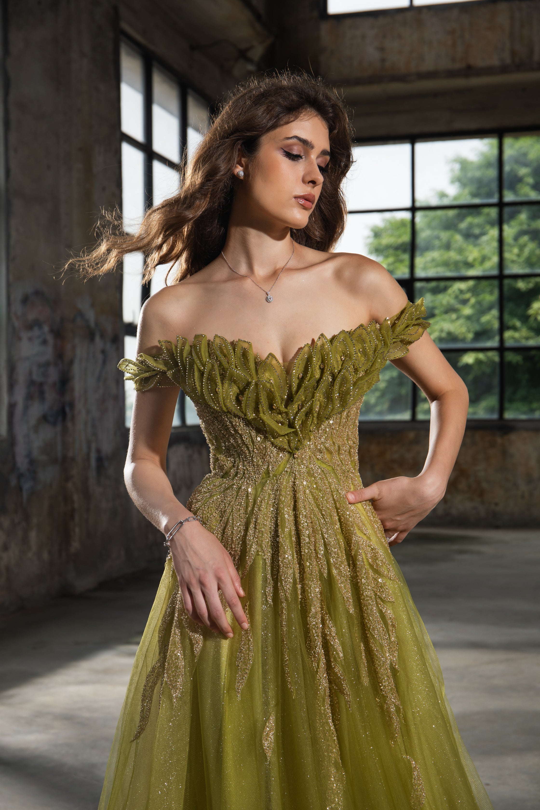 Green Off-Shoulder Tulle Gown