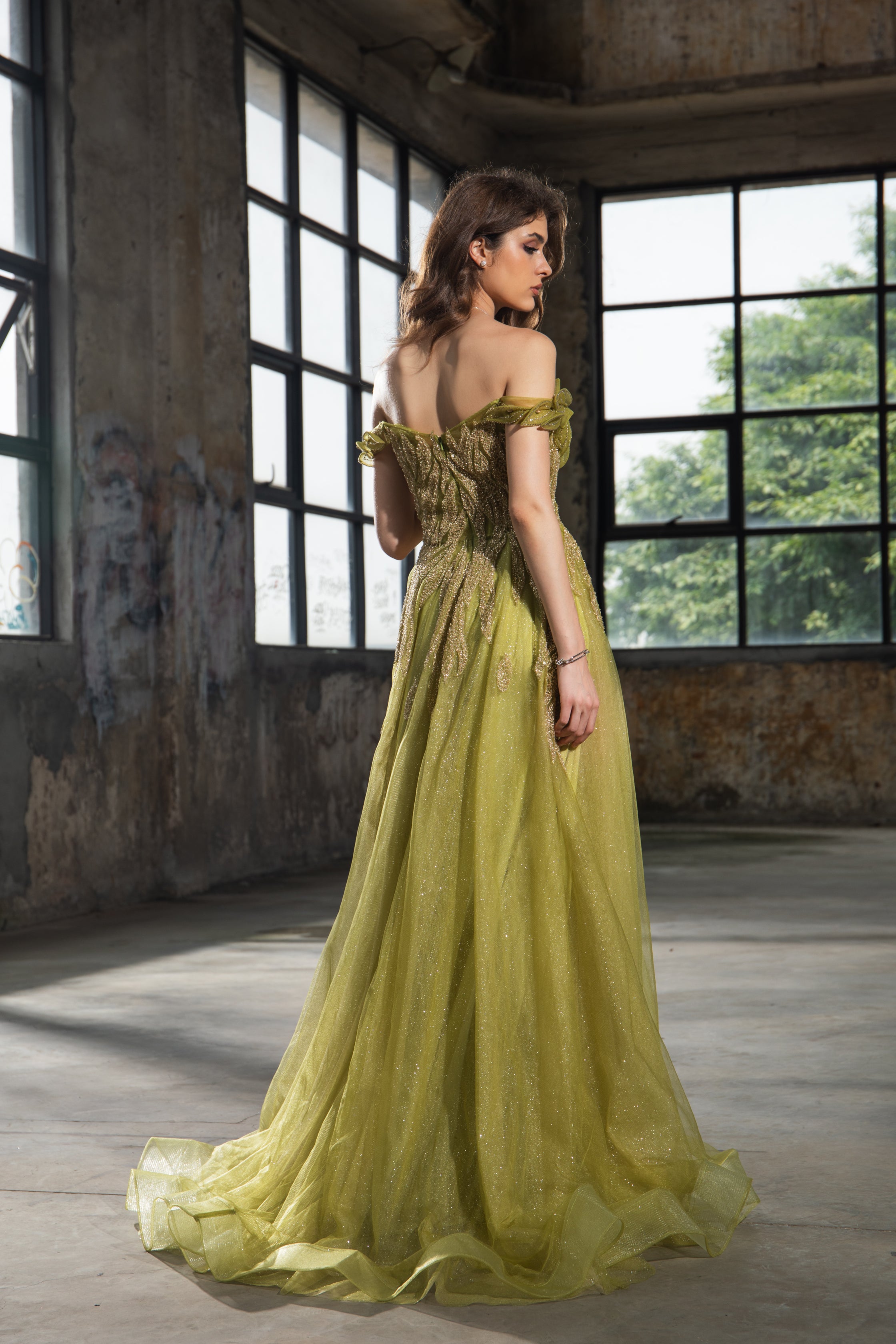 Green Off-Shoulder Tulle Gown