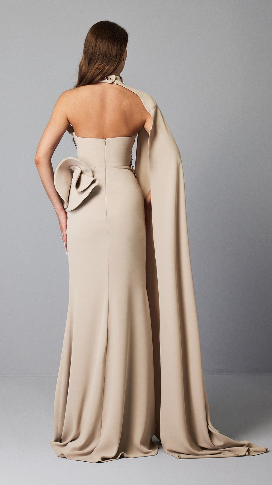 Embellished Beige Evening Gown with Dramatic Cape