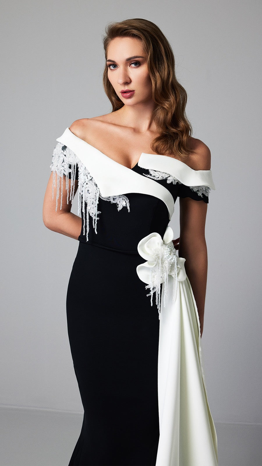 Black and White Off-Shoulder Evening Gown