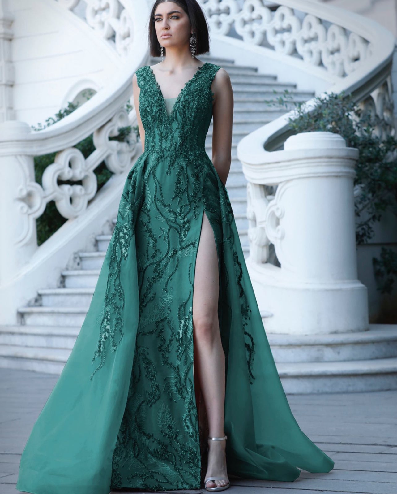 Green V-Neck Gown with Slit