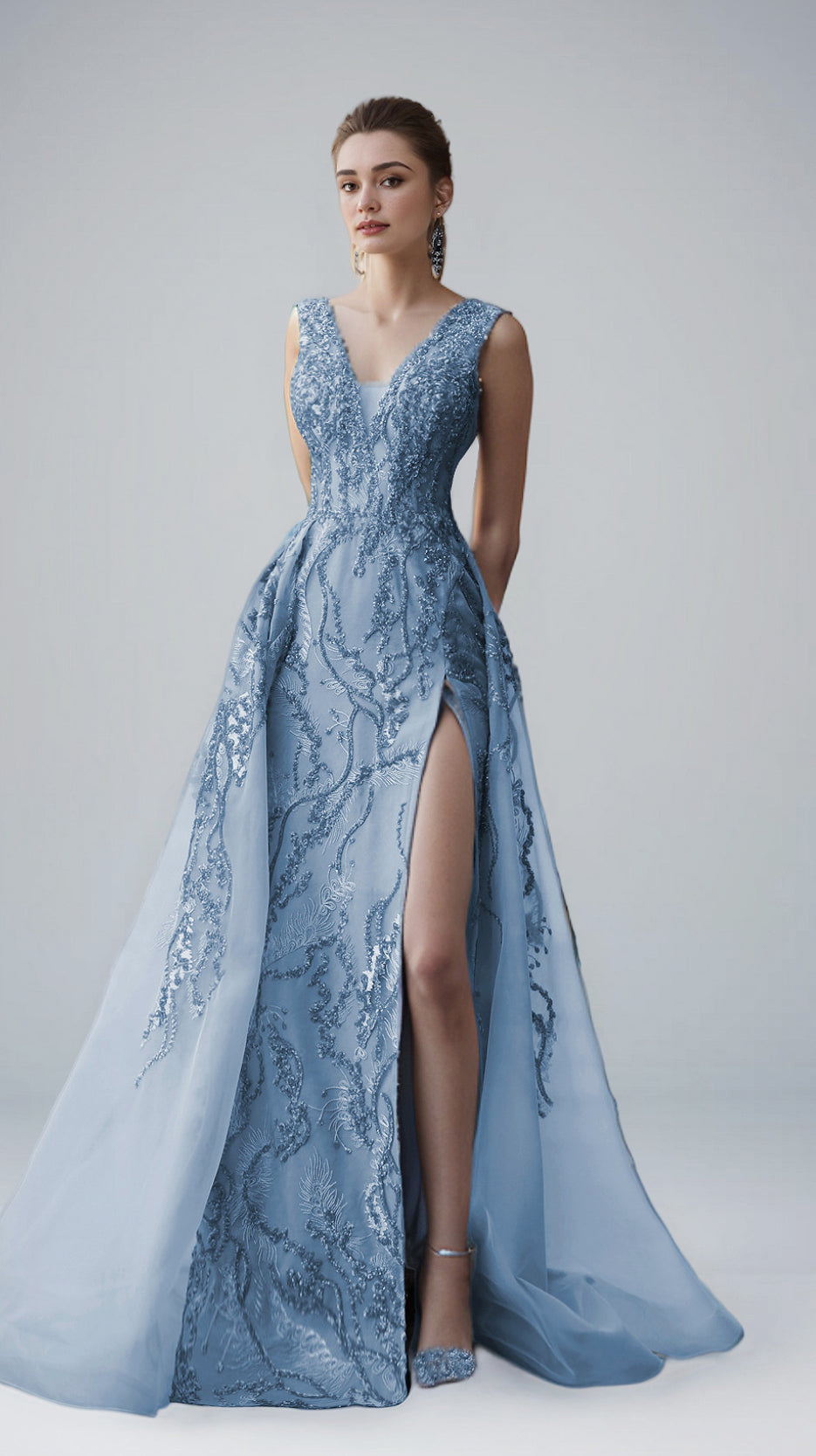 Sky Blue V-Neck Gown with Slit