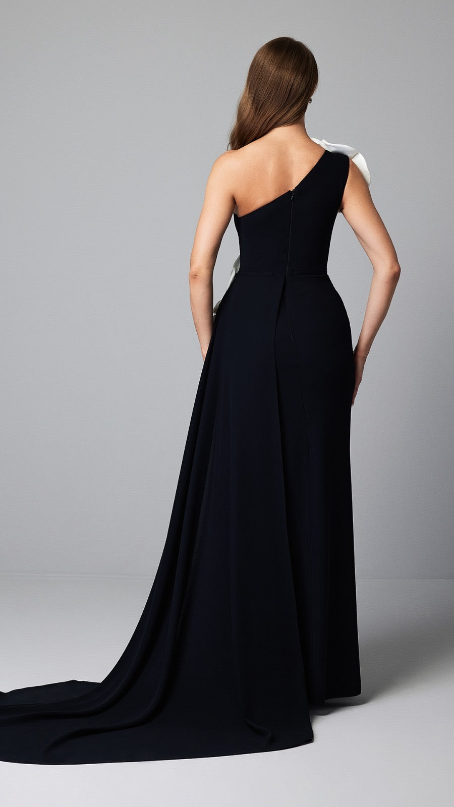 Black One-Shoulder Evening Gown with White Floral Accents