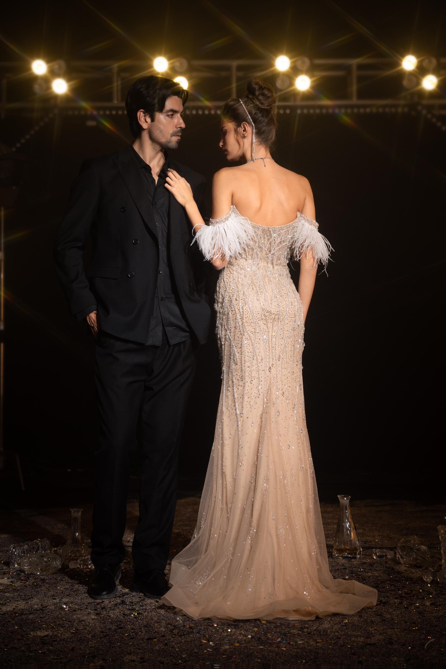 Beaded Off-Shoulder Gown with Feather Detail