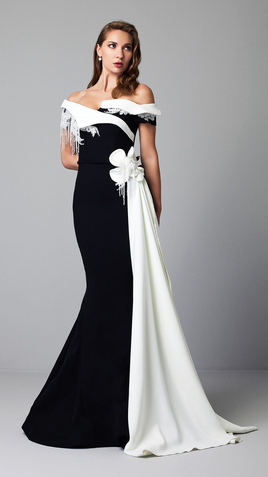 Black and White Off-Shoulder Evening Gown