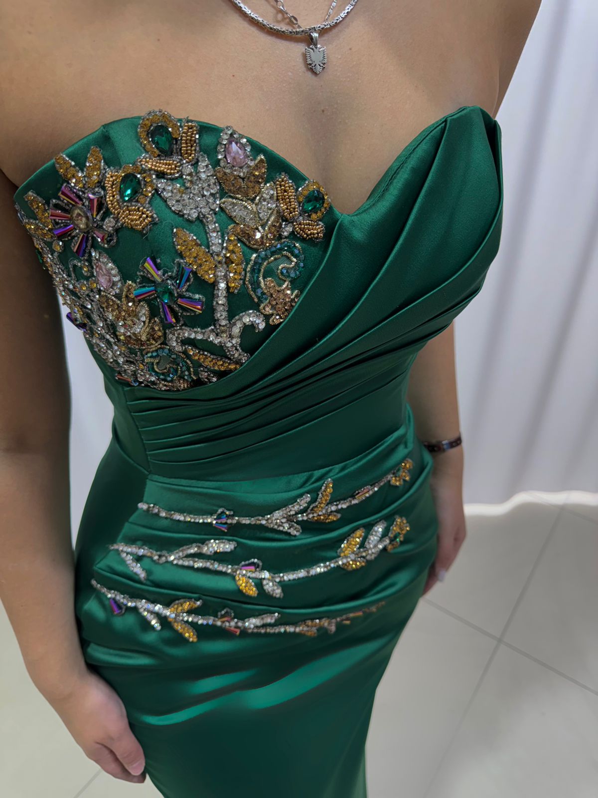 Strapless Evening Gown with Gold Embroidery