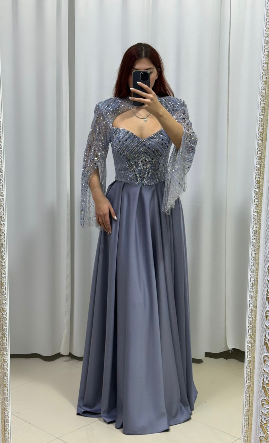 A-line Gown with Beaded Bodice and Cape Sleeves