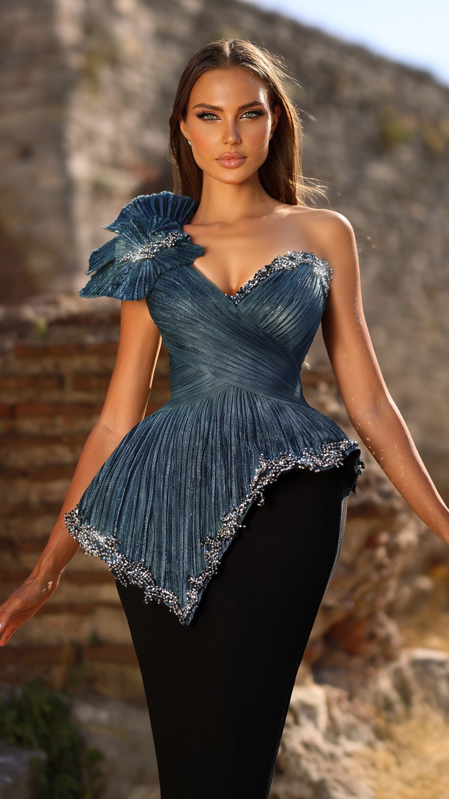 Blue and Black Two-Tone Evening Gown with Pleated Peplum