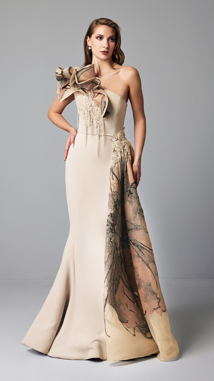 One-Shoulder Beige Evening Gown with Artistic Floral Details