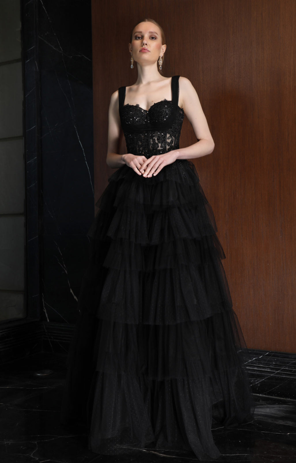 Black Tiered Tulle Evening Gown