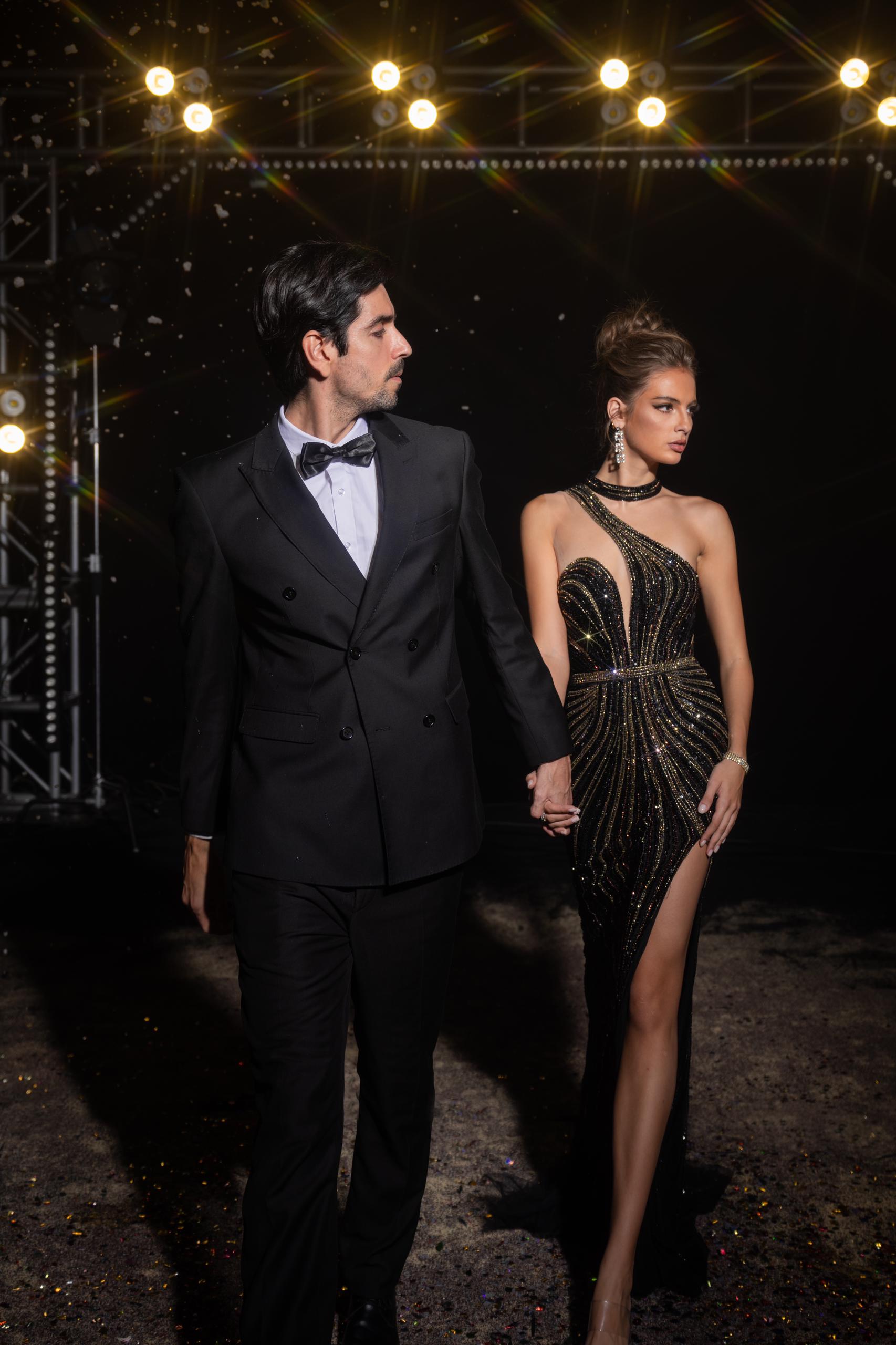 One-Shoulder Beaded Gown with Slit