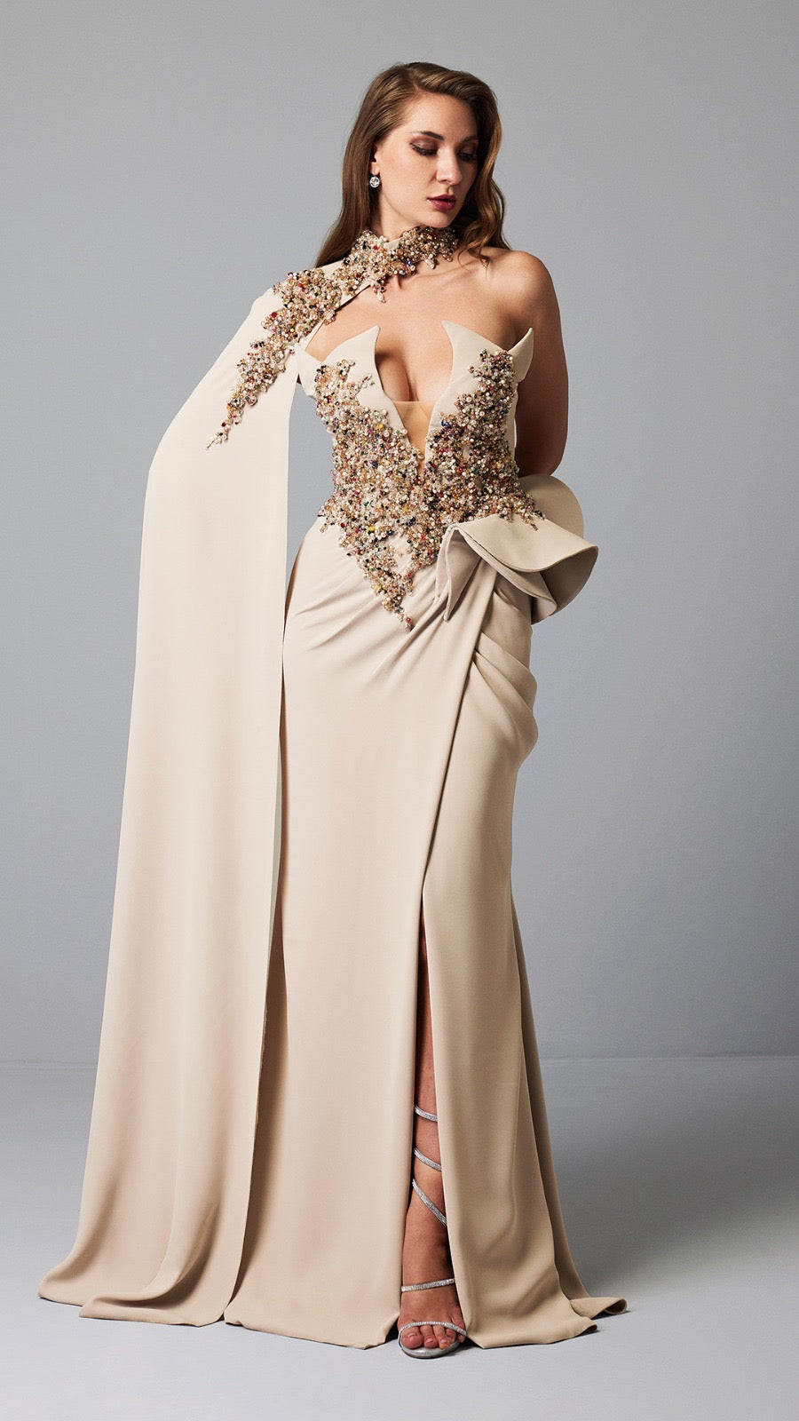 Embellished Beige Evening Gown with Dramatic Cape