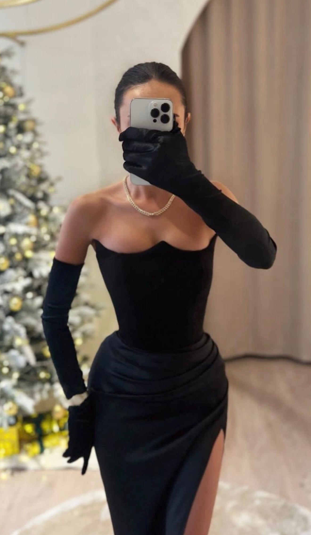 Strapless Gown with Gloves and High Slit