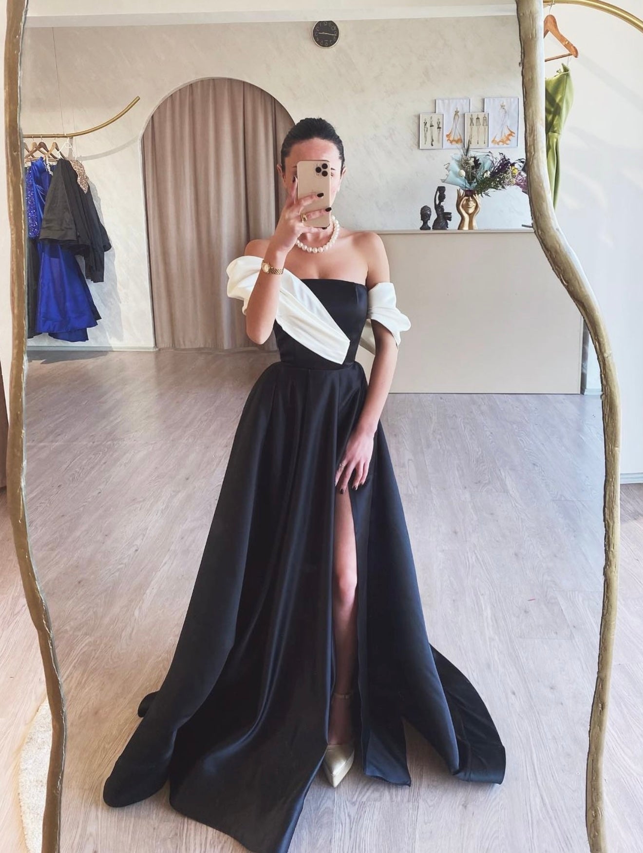 Black and White Off-Shoulder Ball Gown