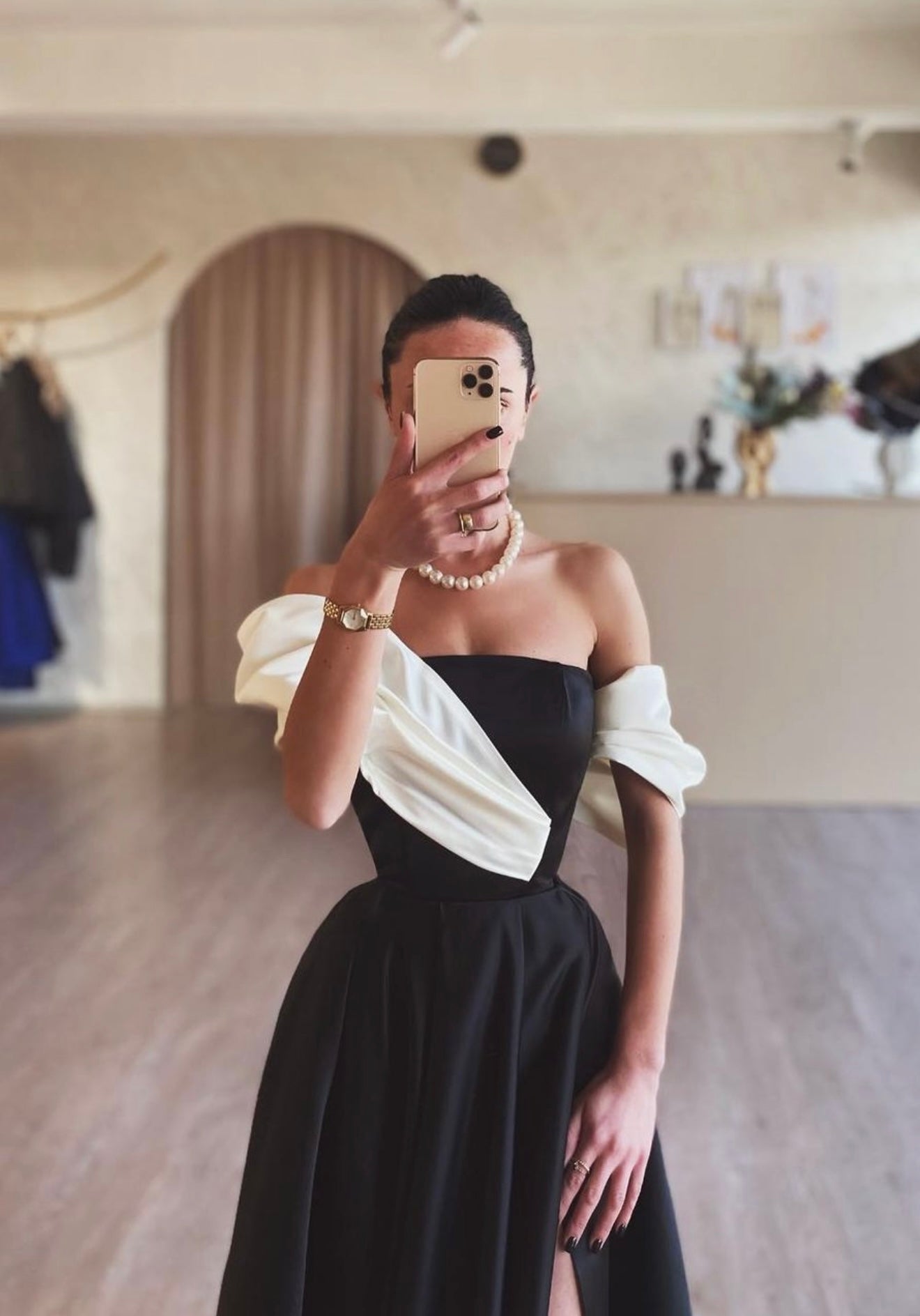 Black and White Off-Shoulder Ball Gown