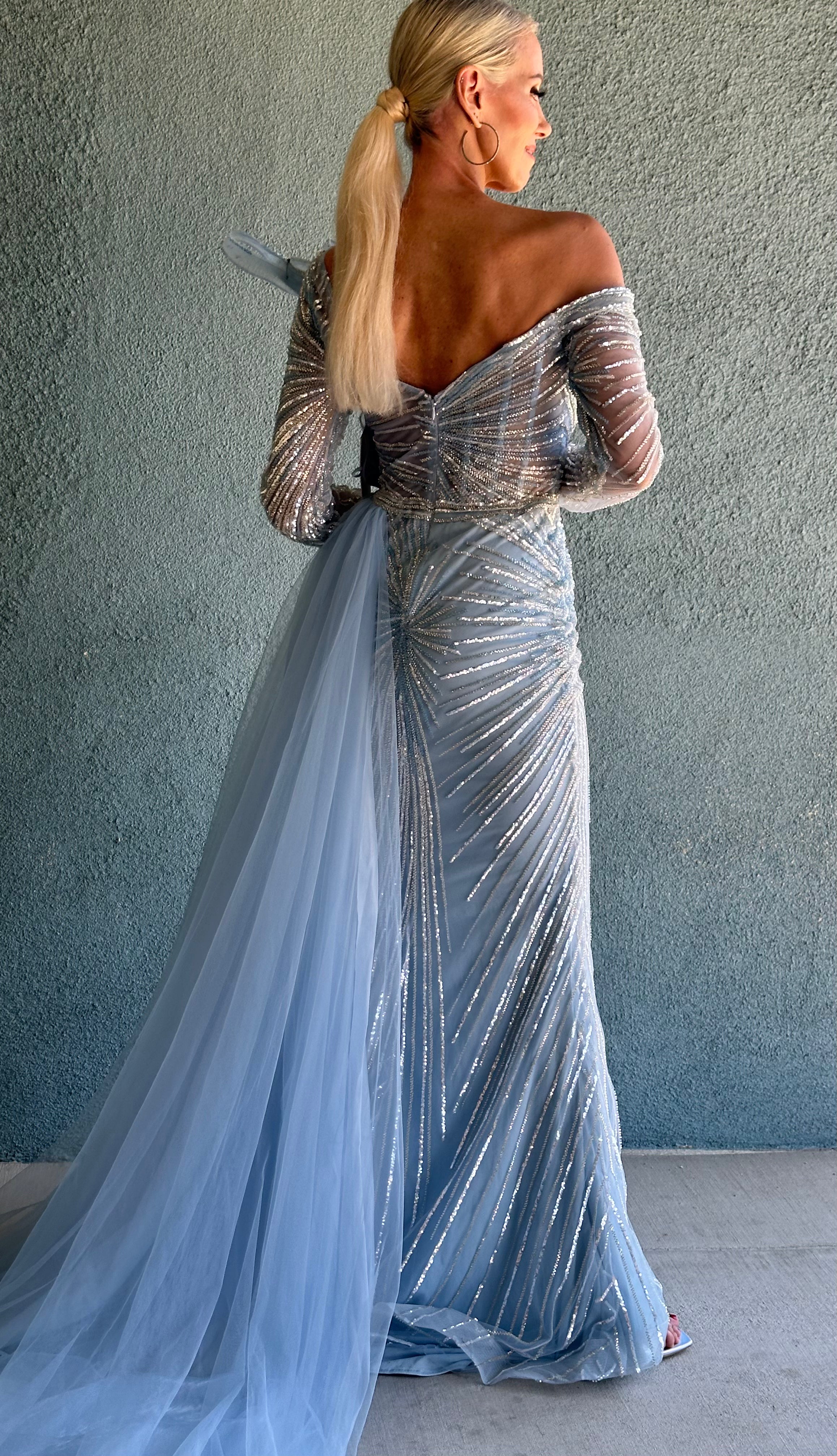 Asymmetrical Off-Shoulder Beaded Gowns with Tulle Overlay