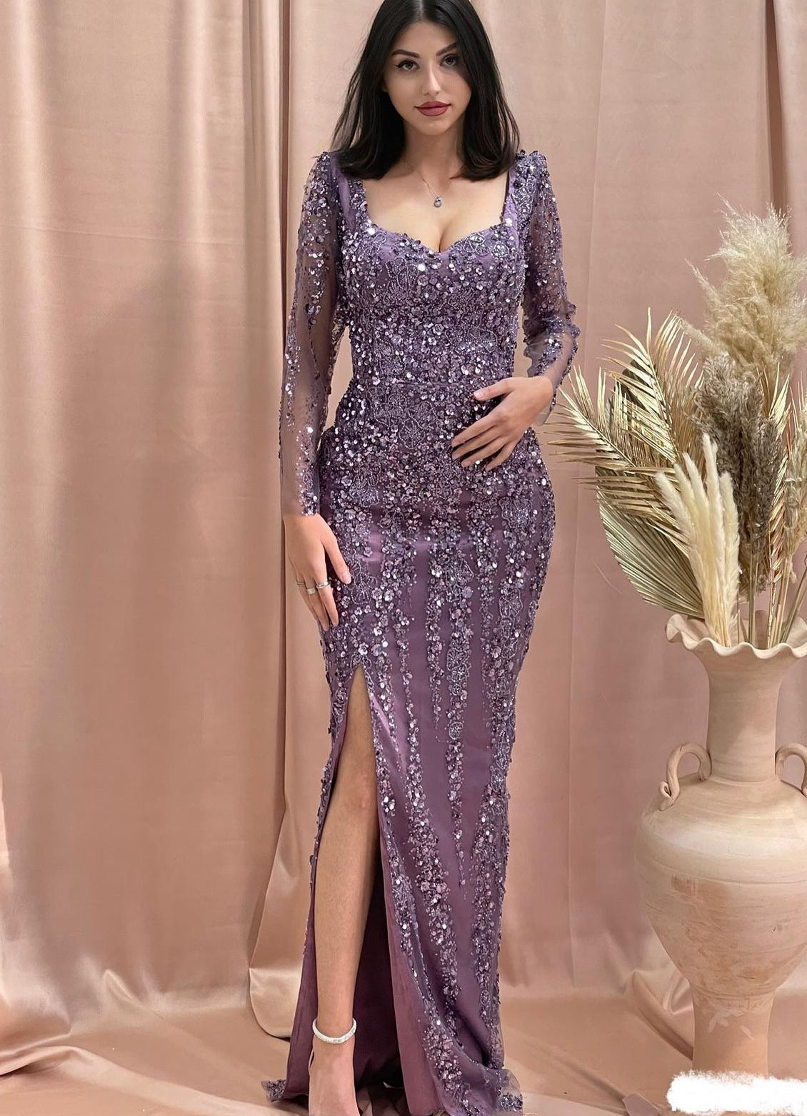 Long-Sleeve Beaded Gown