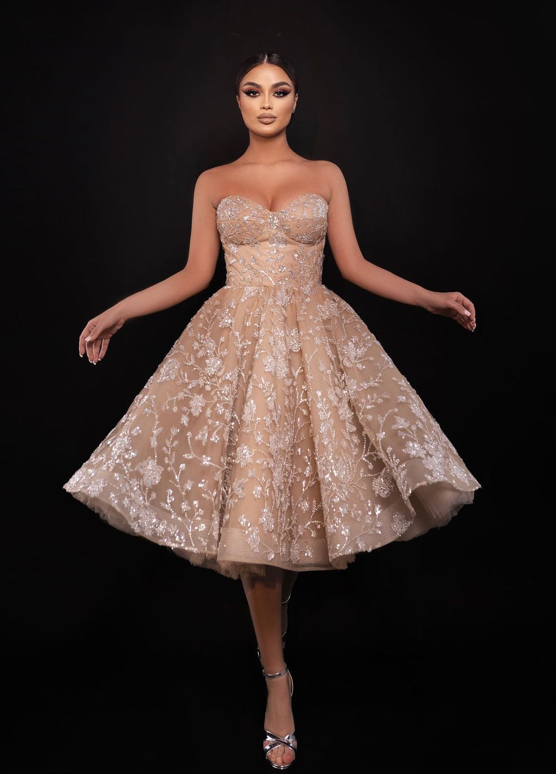 Champagne Embroidered Tea-Length Dress