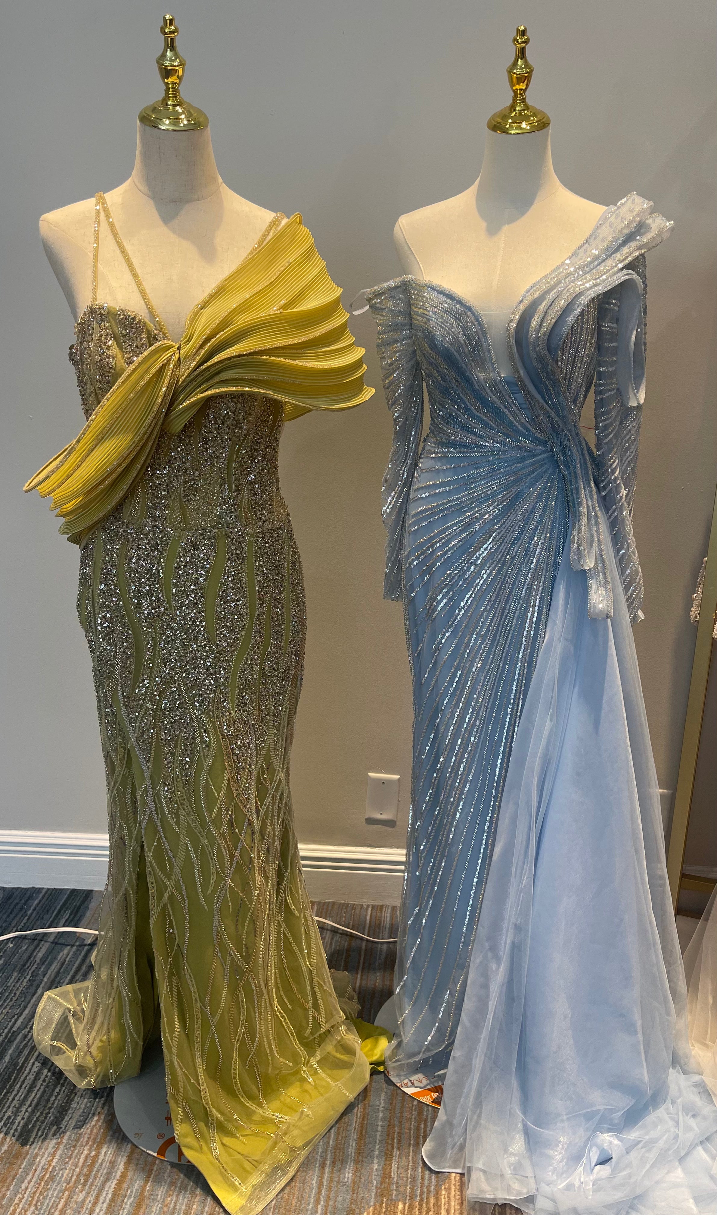 Strapless Beaded Gowns with Sculptural Necklines