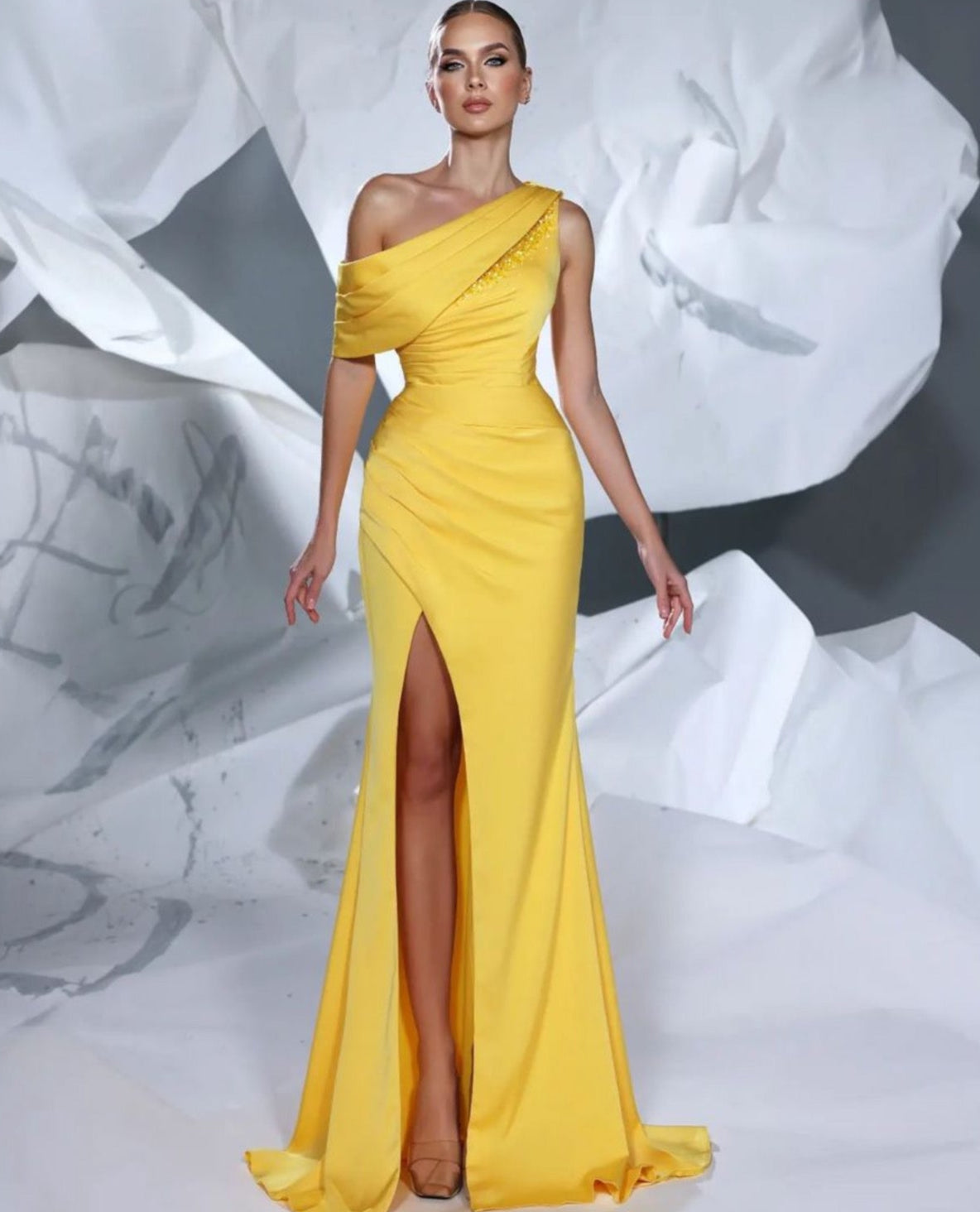 One-Shoulder Evening Gown with Ruched Design