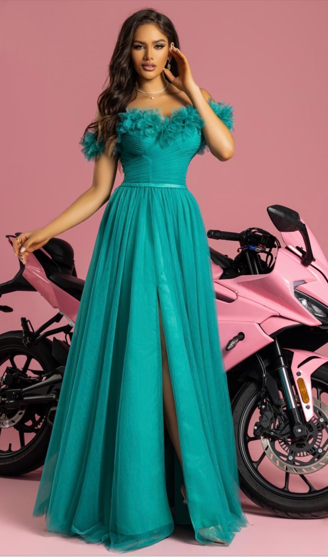 Green Off-Shoulder Tulle Gown