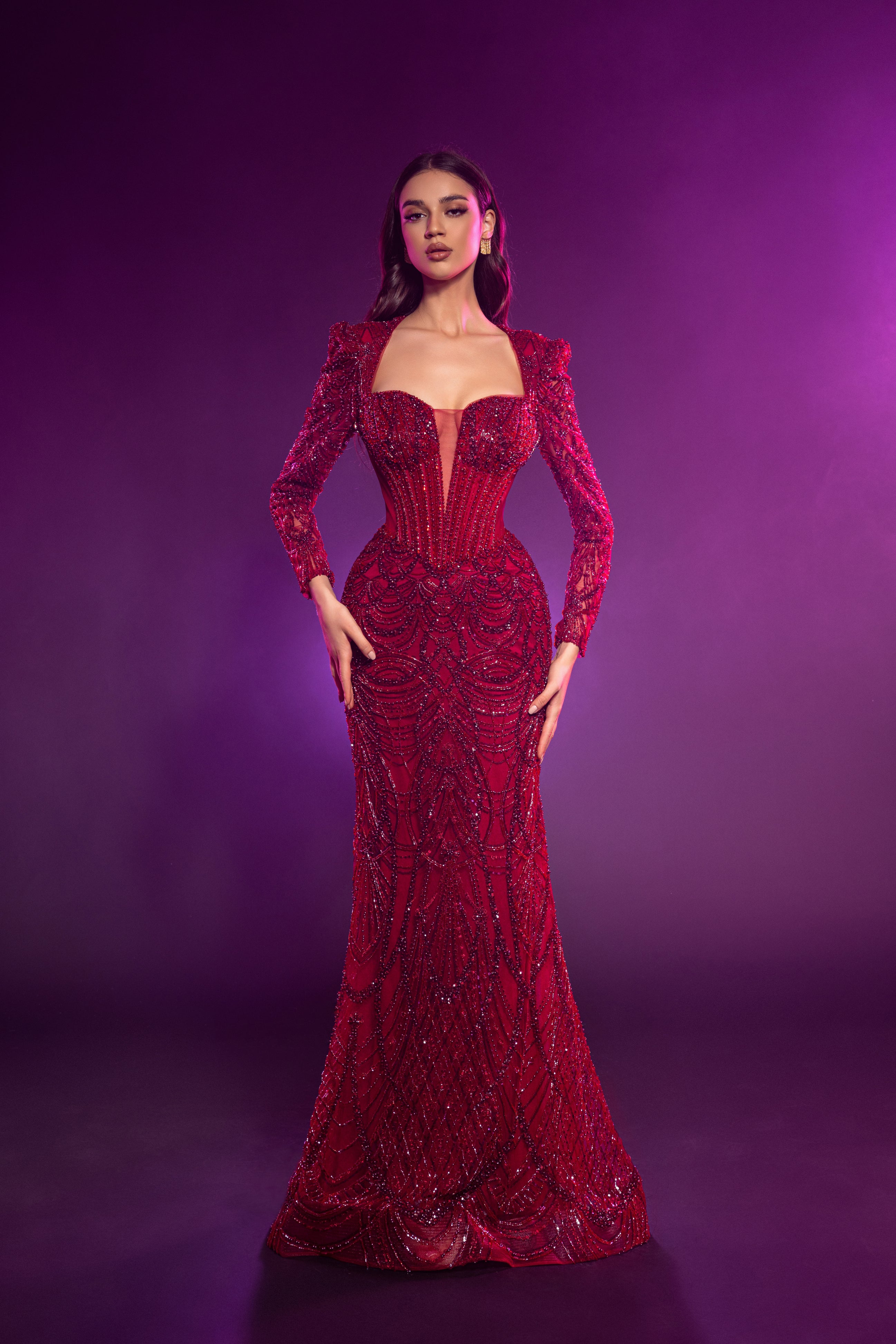 Beaded Corset Gown with Long Sleeves