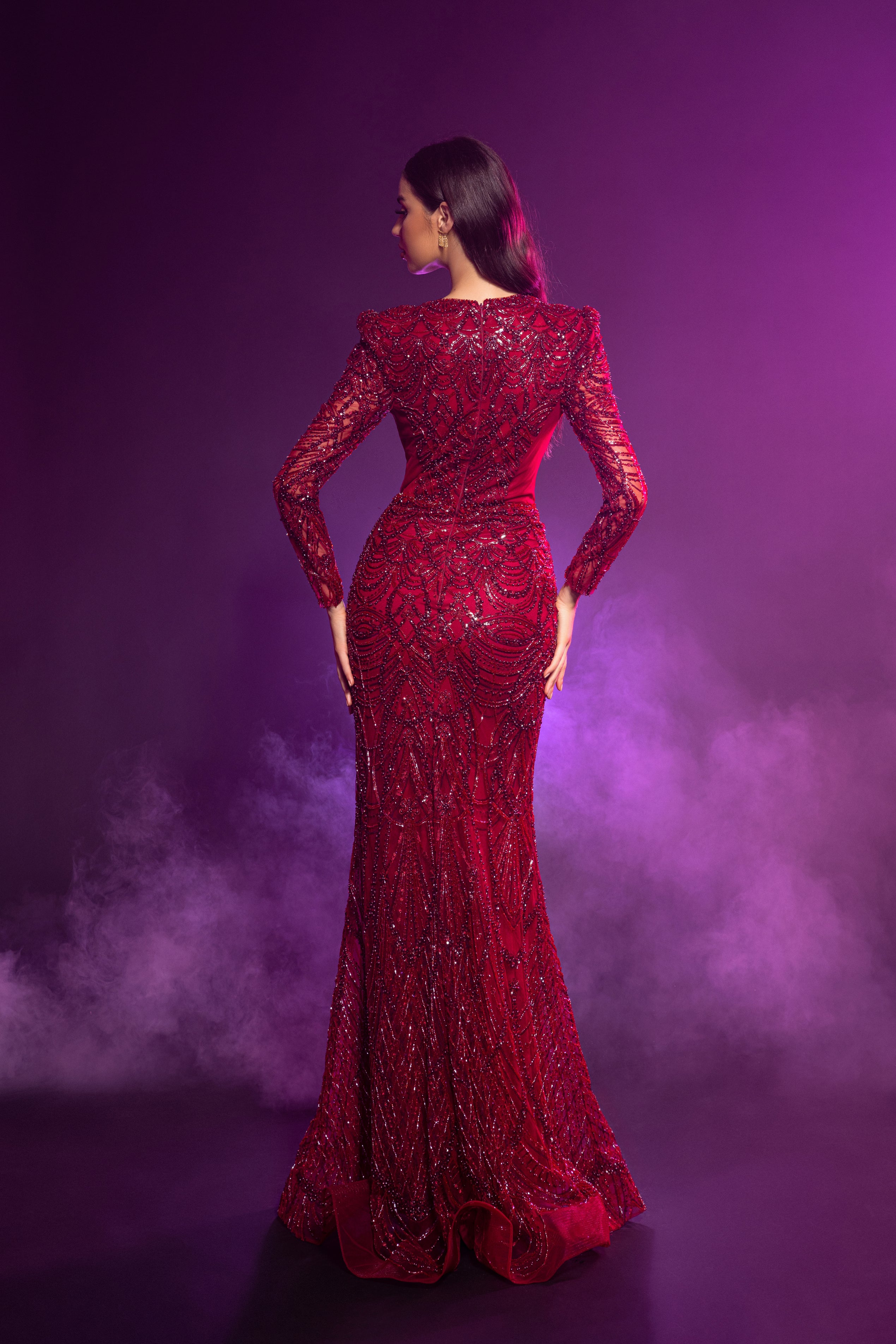 Beaded Corset Gown with Long Sleeves