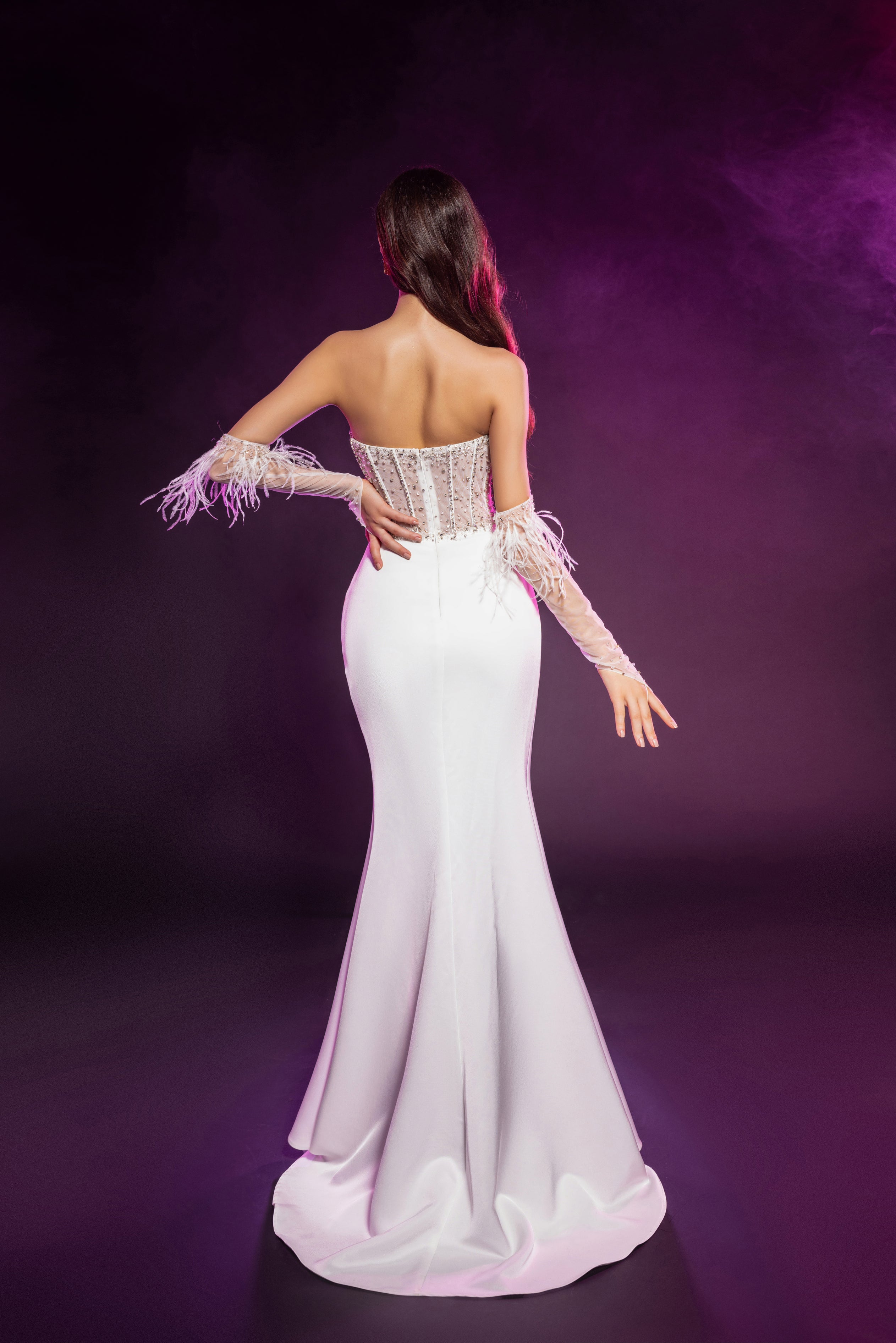 Corset Gown with Feather Accents and Slit