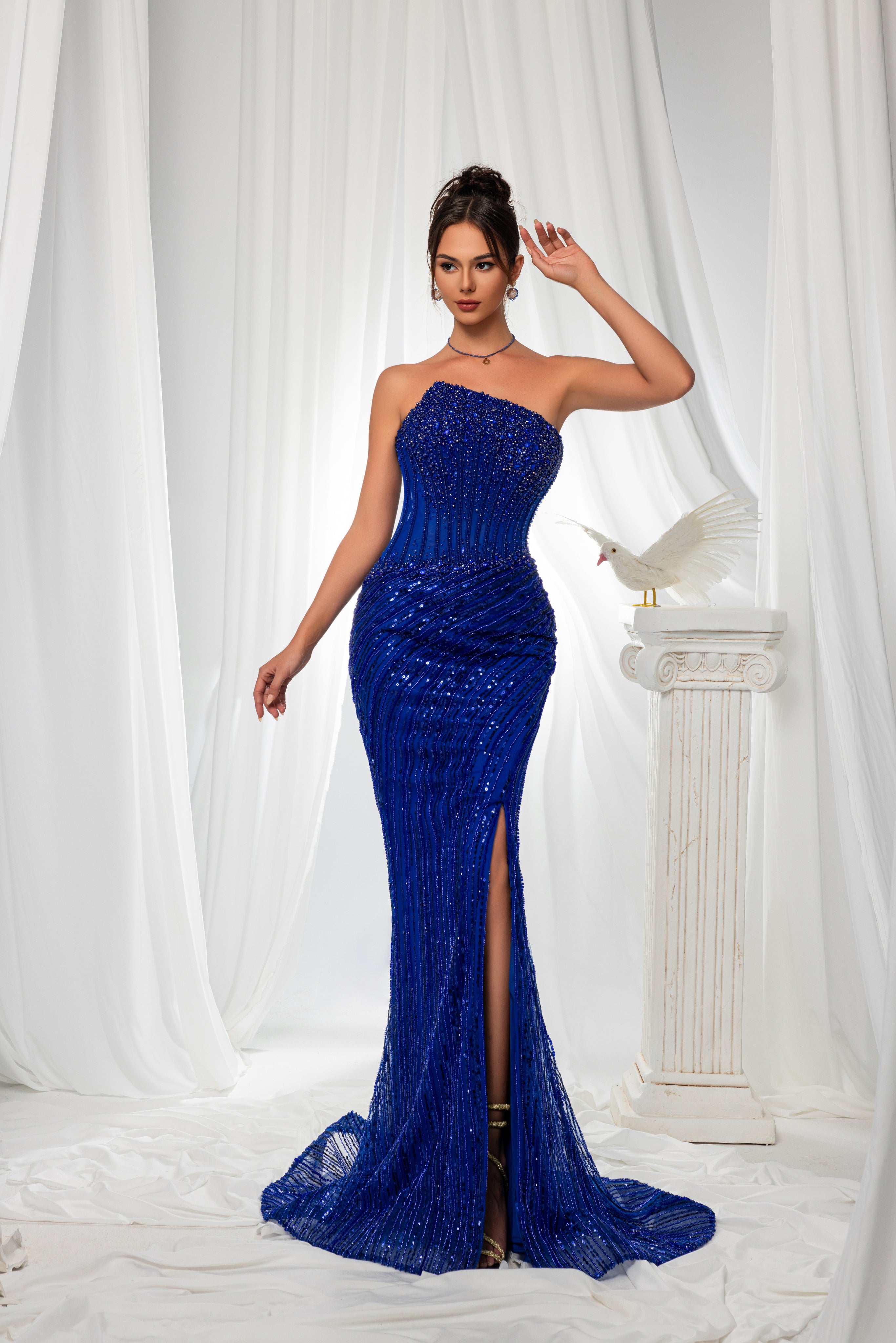 Royal Blue Beaded Strapless Gown