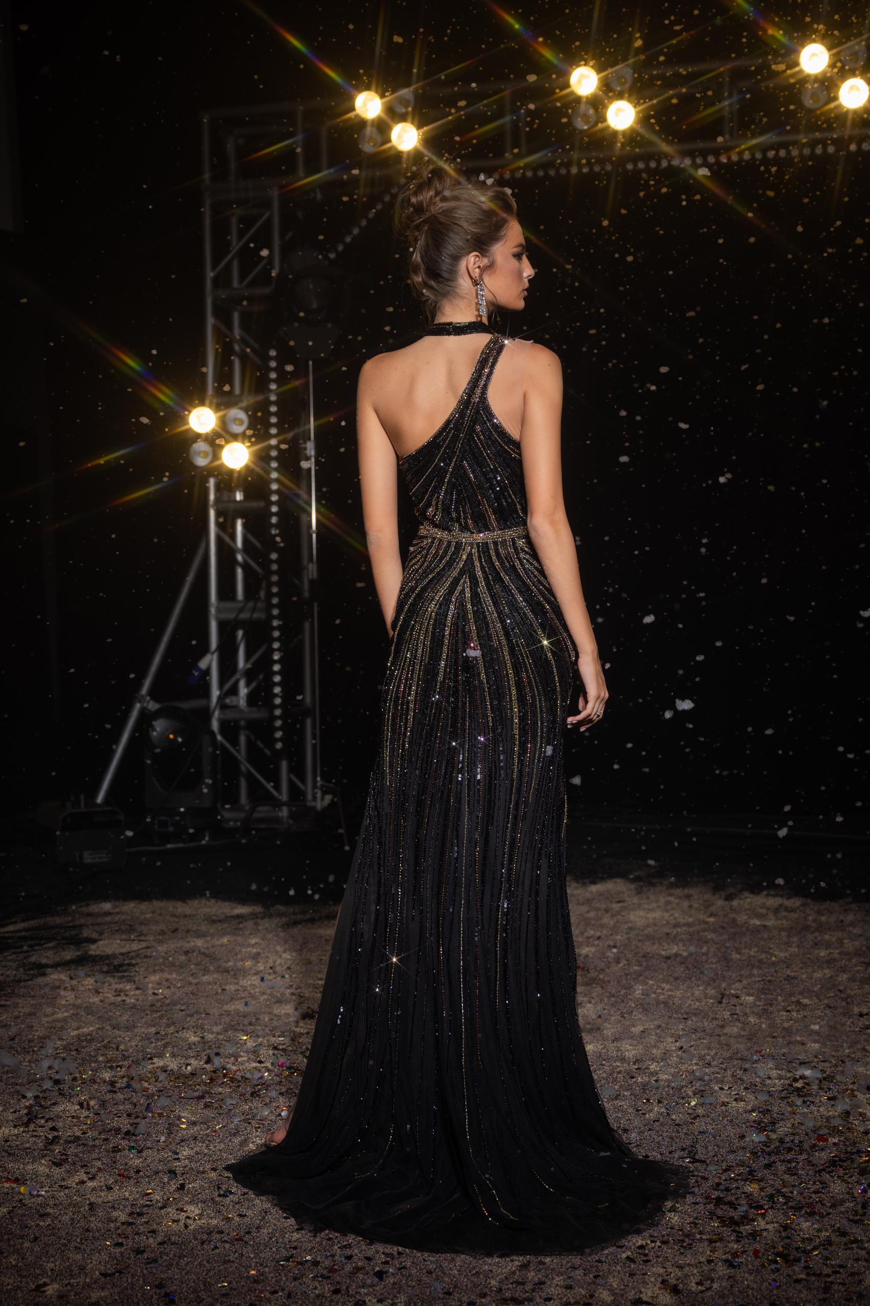 One-Shoulder Beaded Gown with Slit