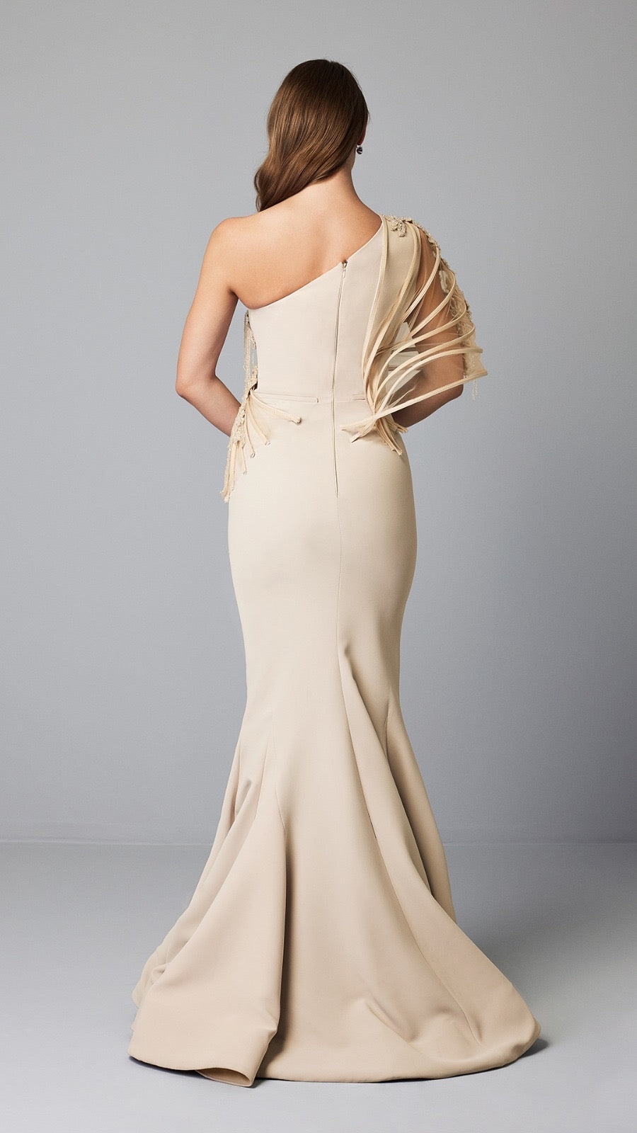 One-Shoulder Beige Mermaid Gown with Fringe Accents