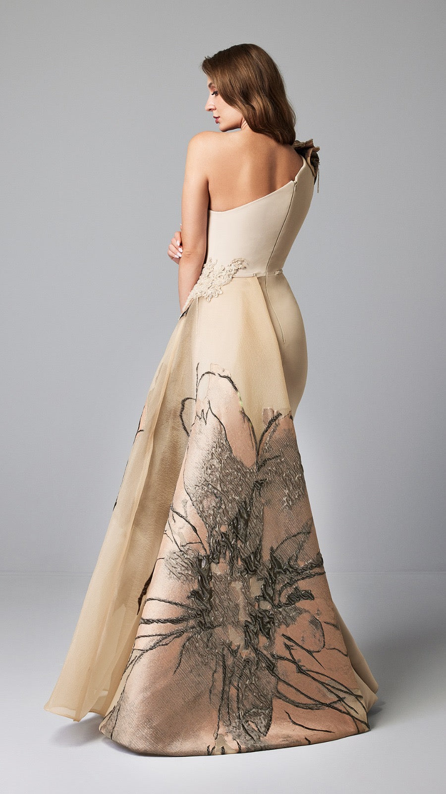 One-Shoulder Beige Evening Gown with Artistic Floral Details