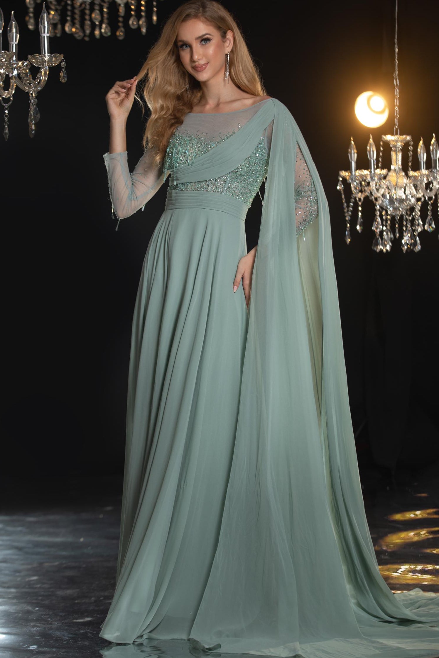 Flowy Cape-Sleeve Gown