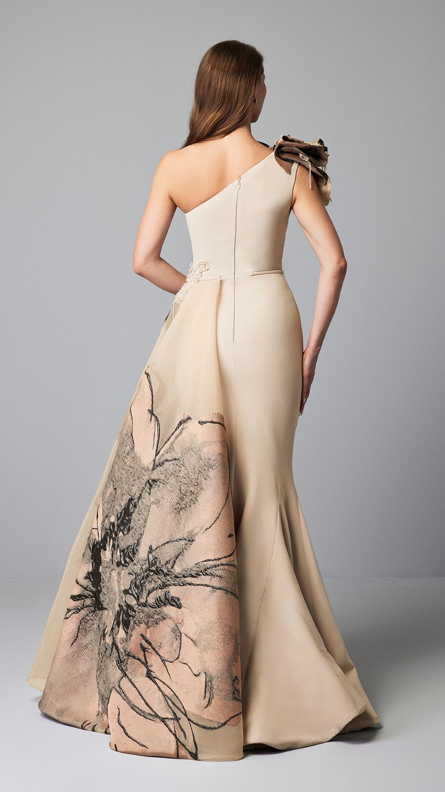 One-Shoulder Beige Evening Gown with Artistic Floral Details