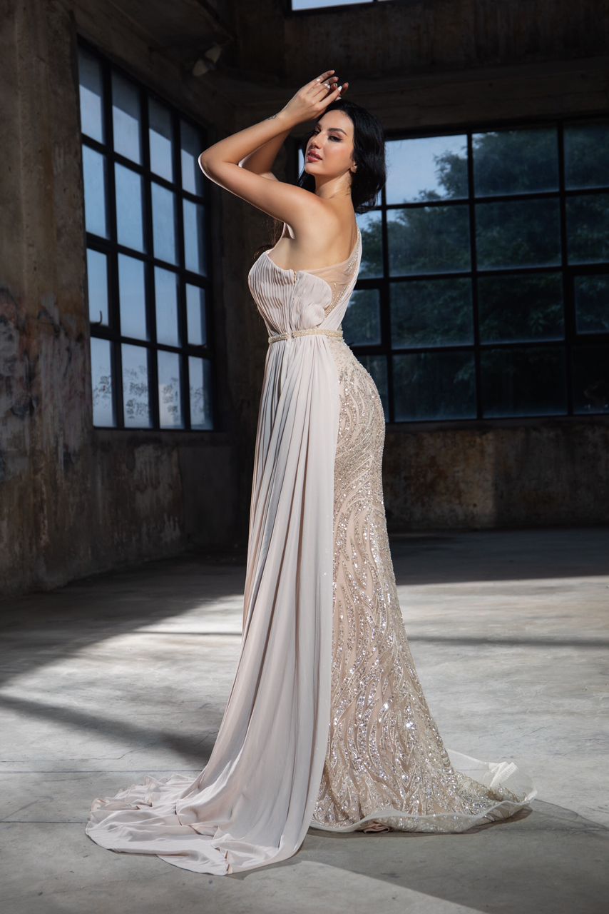 Beige One-Shoulder Gown with Side Overlay