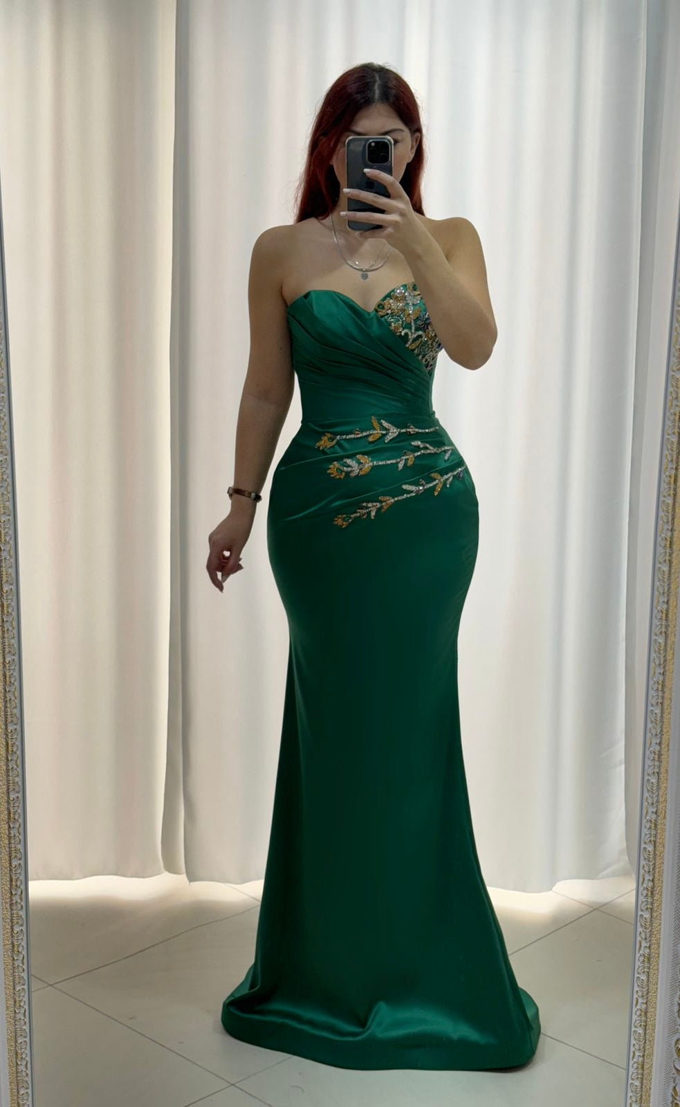 Strapless Evening Gown with Gold Embroidery