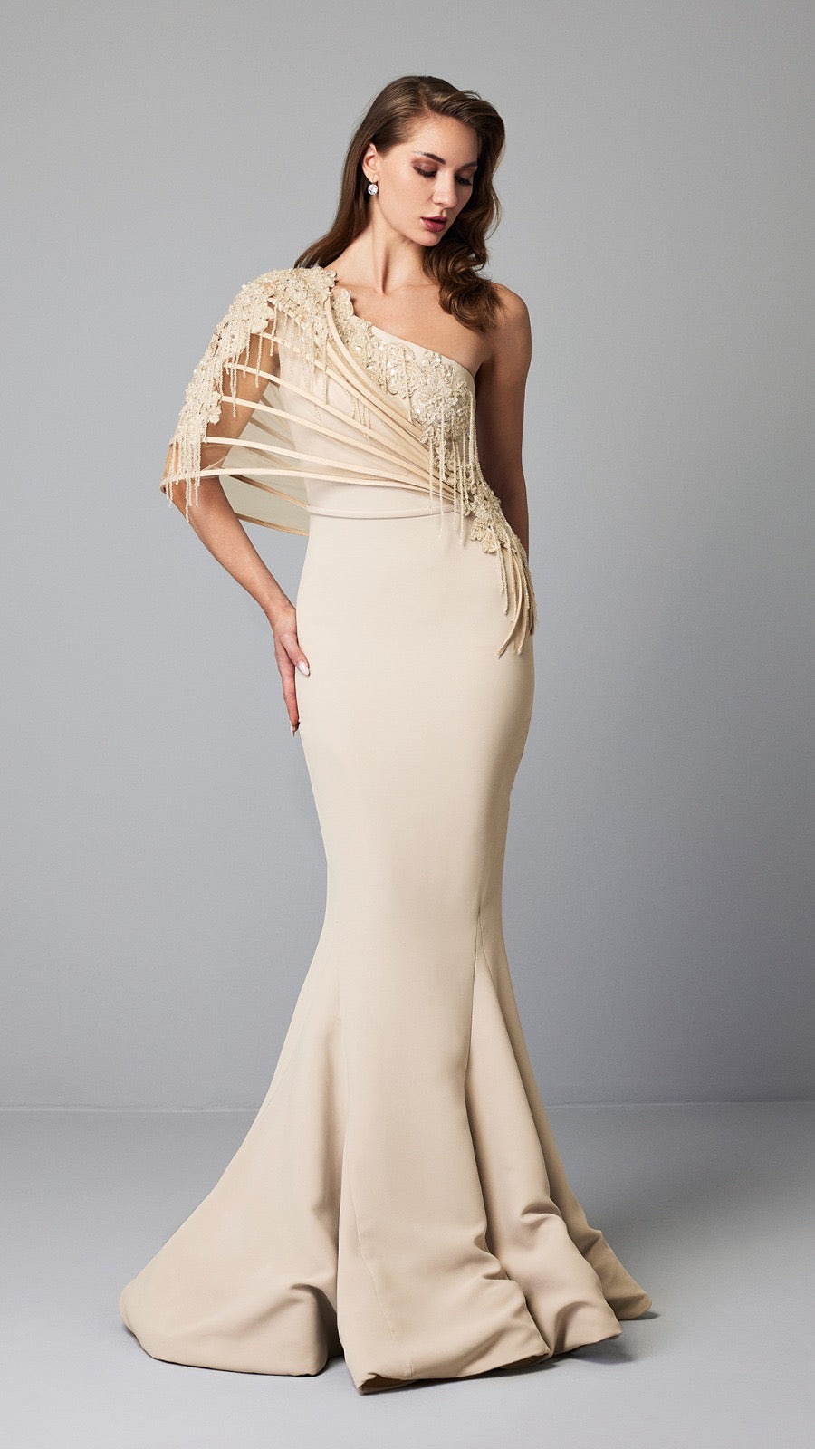 One-Shoulder Beige Mermaid Gown with Fringe Accents