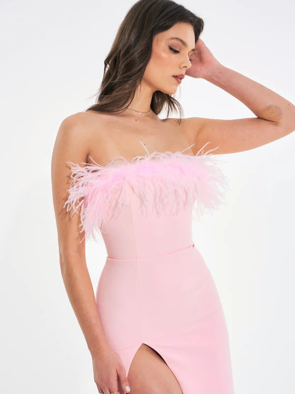 Pink Feather Maxi High Slit Dress – Glam House Couture